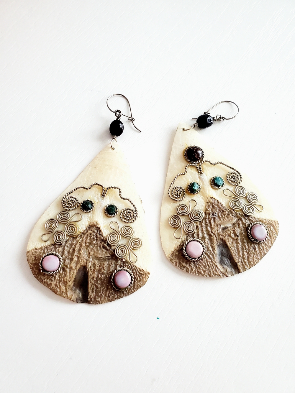 Handcrafted Cream and Brown Drop Earrings with Pink and Teal Accents